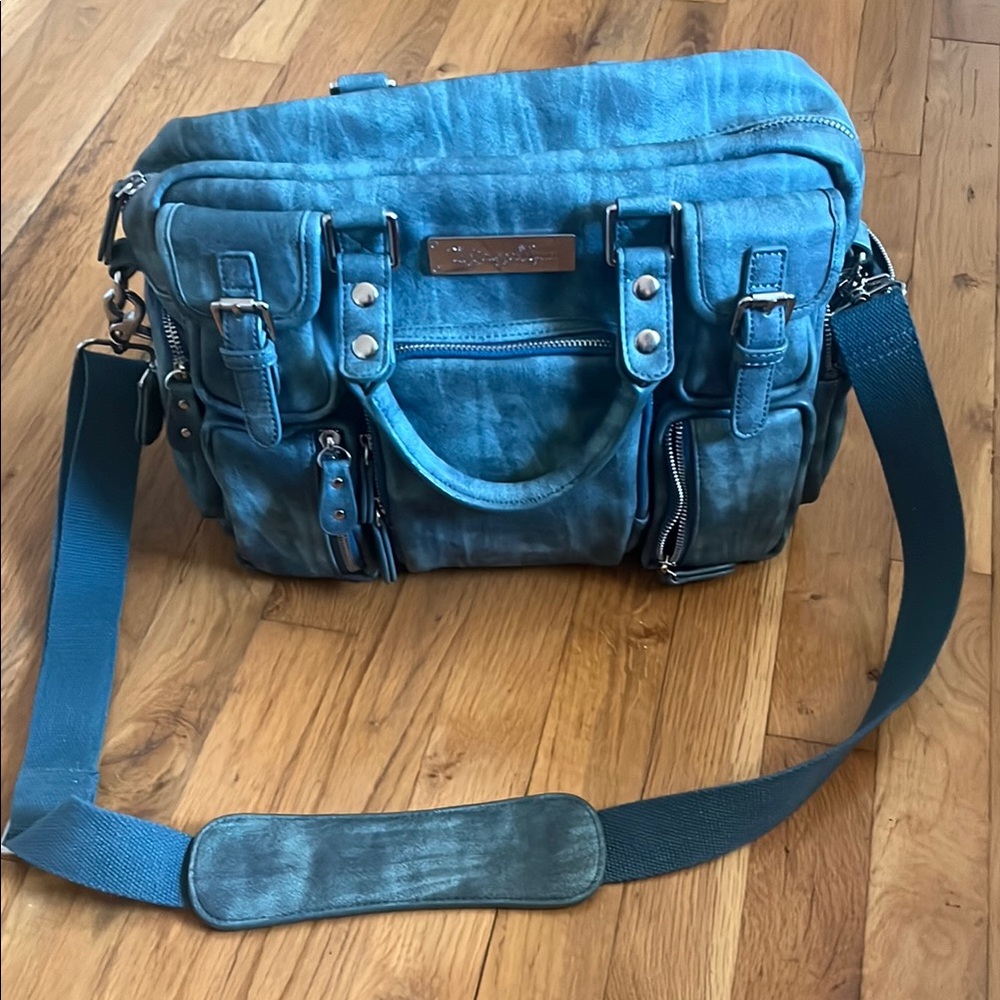 Blue Leather Shoulder Bag with Adjustable Strap